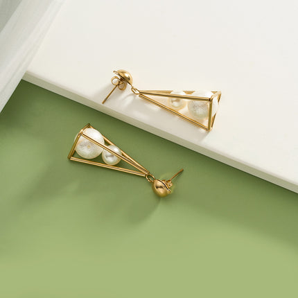 Aretes Largos De Perlas Con Soporte Triangular De Lujo Estilo Europeo En Acero Inoxidable