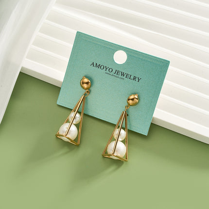 Aretes Largos De Perlas Con Soporte Triangular De Lujo Estilo Europeo En Acero Inoxidable