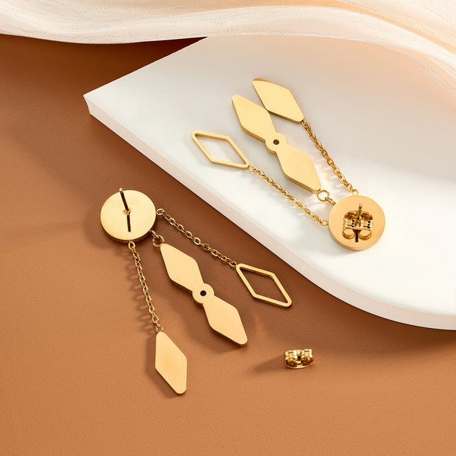 Aretes Largos Geométricos Con Diamantes De Acero Inoxidable Chapado En Oro 14K