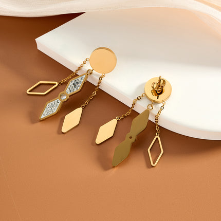 Aretes Largos Geométricos Con Diamantes De Acero Inoxidable Chapado En Oro 14K