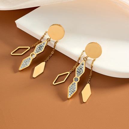 Aretes Largos Geométricos Con Diamantes De Acero Inoxidable Chapado En Oro 14K