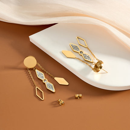 Aretes Largos Geométricos Con Diamantes De Acero Inoxidable Chapado En Oro 14K