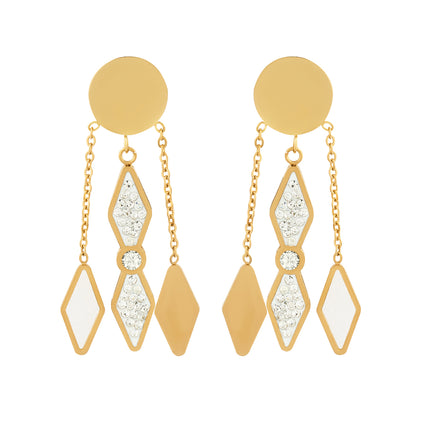 Aretes Largos Geométricos Con Diamantes De Acero Inoxidable Chapado En Oro 14K