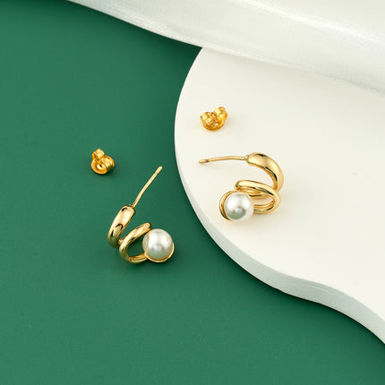 Aretes De Presión Con Diseño Espiral Y Perlas Incrustadas De Cobre