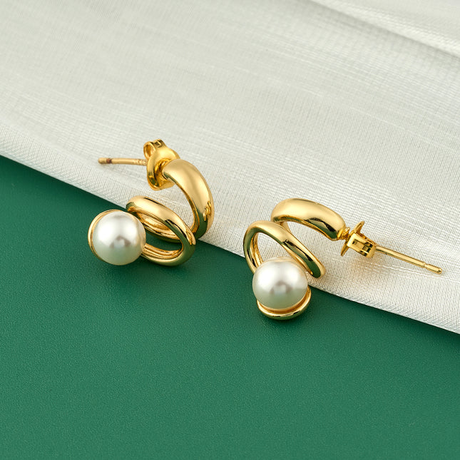 Aretes De Presión Con Diseño Espiral Y Perlas Incrustadas De Cobre