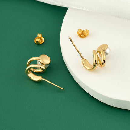 Aretes De Presión Con Diseño Espiral Y Perlas Incrustadas De Cobre