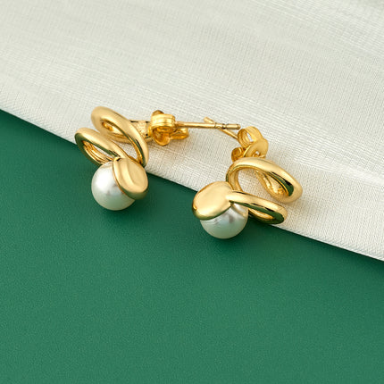 Aretes De Presión Con Diseño Espiral Y Perlas Incrustadas De Cobre