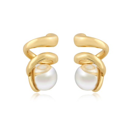 Aretes De Presión Con Diseño Espiral Y Perlas Incrustadas De Cobre