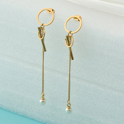 Aretes Largos De Perlas Con Aro De Lujo En Acero Inoxidable Chapado En Oro 14K