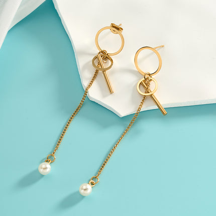 Aretes Largos De Perlas Con Aro De Lujo En Acero Inoxidable Chapado En Oro 14K