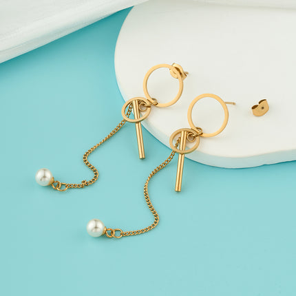 Aretes Largos De Perlas Con Aro De Lujo En Acero Inoxidable Chapado En Oro 14K