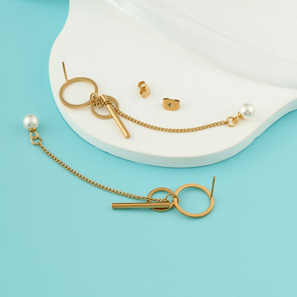 Aretes Largos De Perlas Con Aro De Lujo En Acero Inoxidable Chapado En Oro 14K