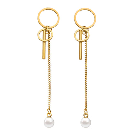 Aretes Largos De Perlas Con Aro De Lujo En Acero Inoxidable Chapado En Oro 14K