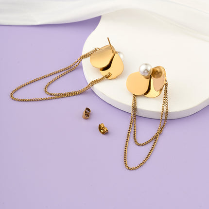 Aretes Largos De Perlas En Forma De Hoja En Acero Inoxidable Chapado En Oro 14K