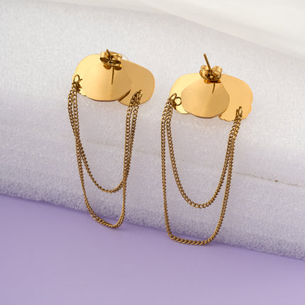 Aretes Largos De Perlas En Forma De Hoja En Acero Inoxidable Chapado En Oro 14K