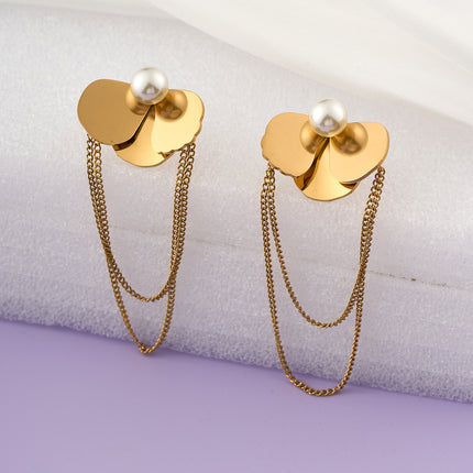 Aretes Largos De Perlas En Forma De Hoja En Acero Inoxidable Chapado En Oro 14K