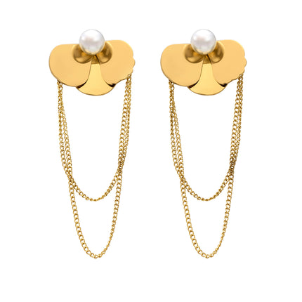 Aretes Largos De Perlas En Forma De Hoja En Acero Inoxidable Chapado En Oro 14K