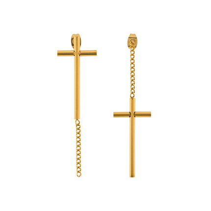 Aretes Largos De Cruz Larga No Paralela De Acero Inoxidable Chapado En Oro 14K