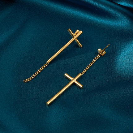 Aretes Largos De Cruz Larga No Paralela De Acero Inoxidable Chapado En Oro 14K
