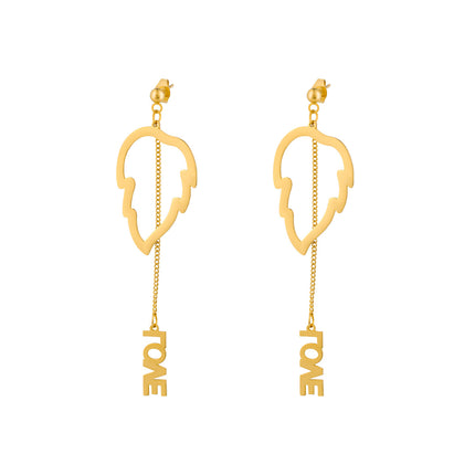 Aretes Largos Con Colgante De Hoja Love De Acero Inoxidable Chapado En Oro 14K