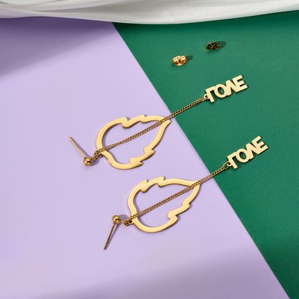 Aretes Largos Con Colgante De Hoja Love De Acero Inoxidable Chapado En Oro 14K