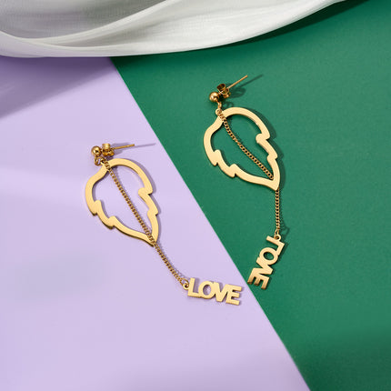 Aretes Largos Con Colgante De Hoja Love De Acero Inoxidable Chapado En Oro 14K