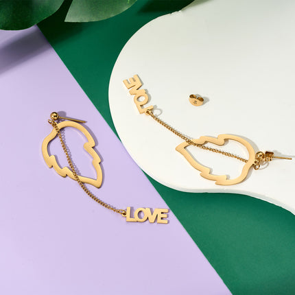 Aretes Largos Con Colgante De Hoja Love De Acero Inoxidable Chapado En Oro 14K