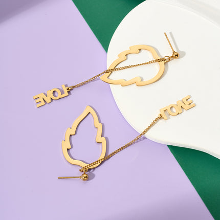 Aretes Largos Con Colgante De Hoja Love De Acero Inoxidable Chapado En Oro 14K