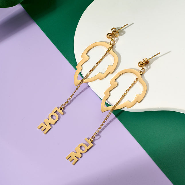 Aretes Largos Con Colgante De Hoja Love De Acero Inoxidable Chapado En Oro 14K