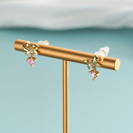 Aretes De Presión Con Diseño Corazón Con Lazo Rosa Y Diamantes De Cobre