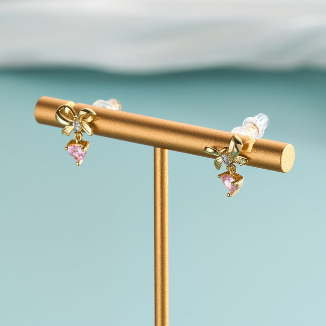 Aretes De Presión Con Diseño Corazón Con Lazo Rosa Y Diamantes De Cobre