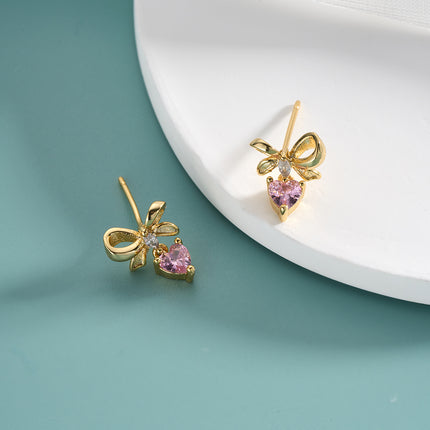 Aretes De Presión Con Diseño Corazón Con Lazo Rosa Y Diamantes De Cobre