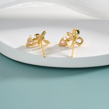 Aretes De Presión Con Diseño Corazón Con Lazo Rosa Y Diamantes De Cobre