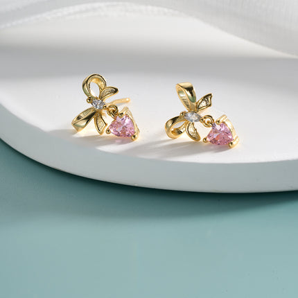 Aretes De Presión Con Diseño Corazón Con Lazo Rosa Y Diamantes De Cobre