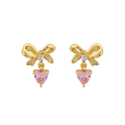 Aretes De Presión Con Diseño Corazón Con Lazo Rosa Y Diamantes De Cobre