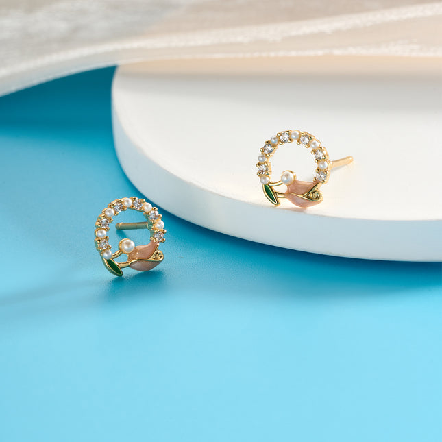 Aretes De Presión Con Diseño Perlas De Tulipán En Cobre