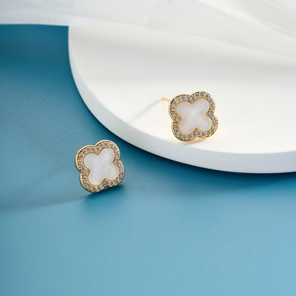 Aretes De Presión De Botón De Trébol Concha De Cobre Chapado En Oro 14K