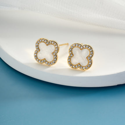 Aretes De Presión De Botón De Trébol Concha De Cobre Chapado En Oro 14K
