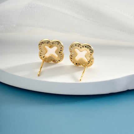 Aretes De Presión De Botón De Trébol Concha De Cobre Chapado En Oro 14K