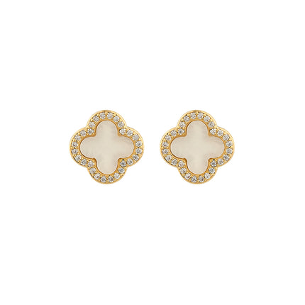 Aretes De Presión De Botón De Trébol Concha De Cobre Chapado En Oro 14K