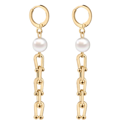Aretes Largos De Cadena De Herradura 14K Con Perlas Artificiales