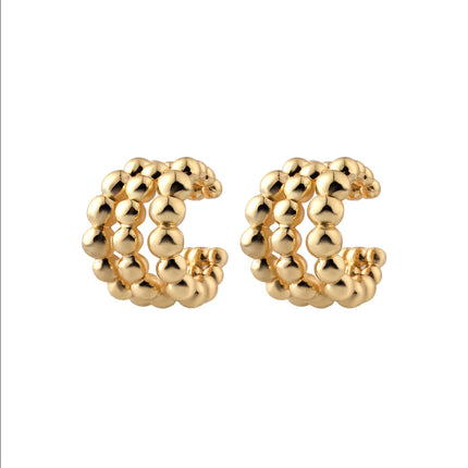 Pendiente De Oreja C-shaped De Tres Capas De Cuentas, Aretes Oro 14K