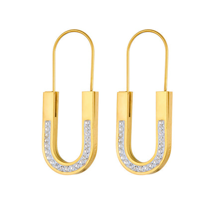Aretes Geométricos En Forma De U Dorados Con Zirconia, Acero Inoxidable
