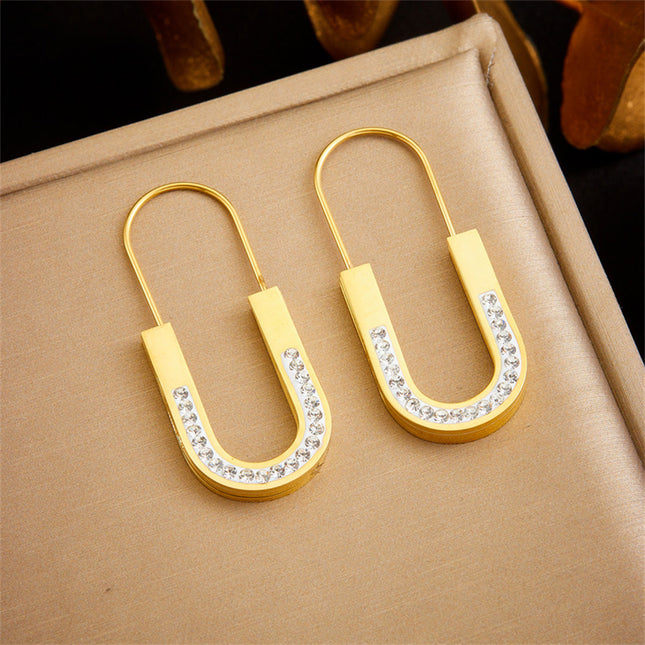 Aretes Geométricos En Forma De U Dorados Con Zirconia, Acero Inoxidable