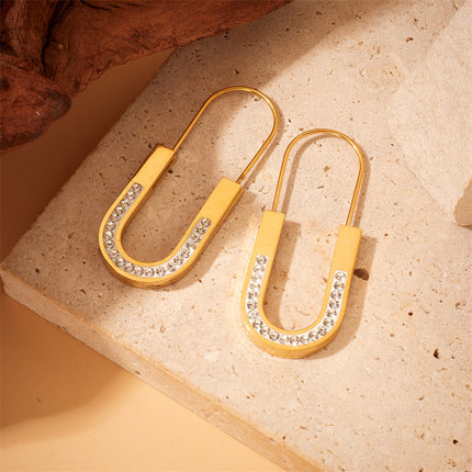 Aretes Geométricos En Forma De U Dorados Con Zirconia, Acero Inoxidable