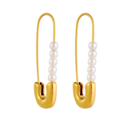 Aretes De Imperdible Con Perlas Artificiales, Diseño De Acero Inoxidable