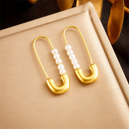 Aretes De Imperdible Con Perlas Artificiales, Diseño De Acero Inoxidable