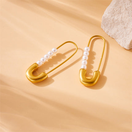 Aretes De Imperdible Con Perlas Artificiales, Diseño De Acero Inoxidable