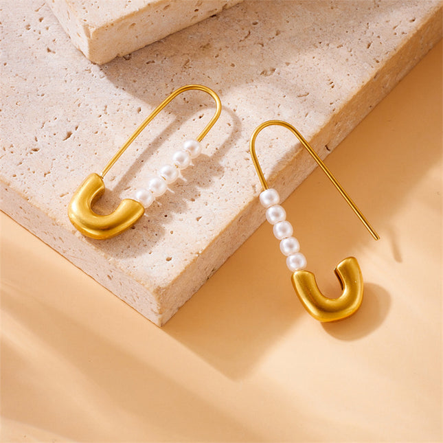 Aretes De Imperdible Con Perlas Artificiales, Diseño De Acero Inoxidable