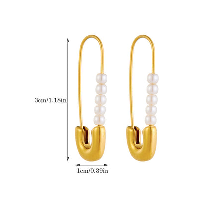 Aretes De Imperdible Con Perlas Artificiales, Diseño De Acero Inoxidable